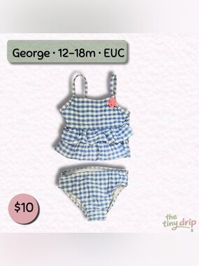George Blue & White Gingham Ruffle Baby Tankini with Pink Flower (Size 12-18m)